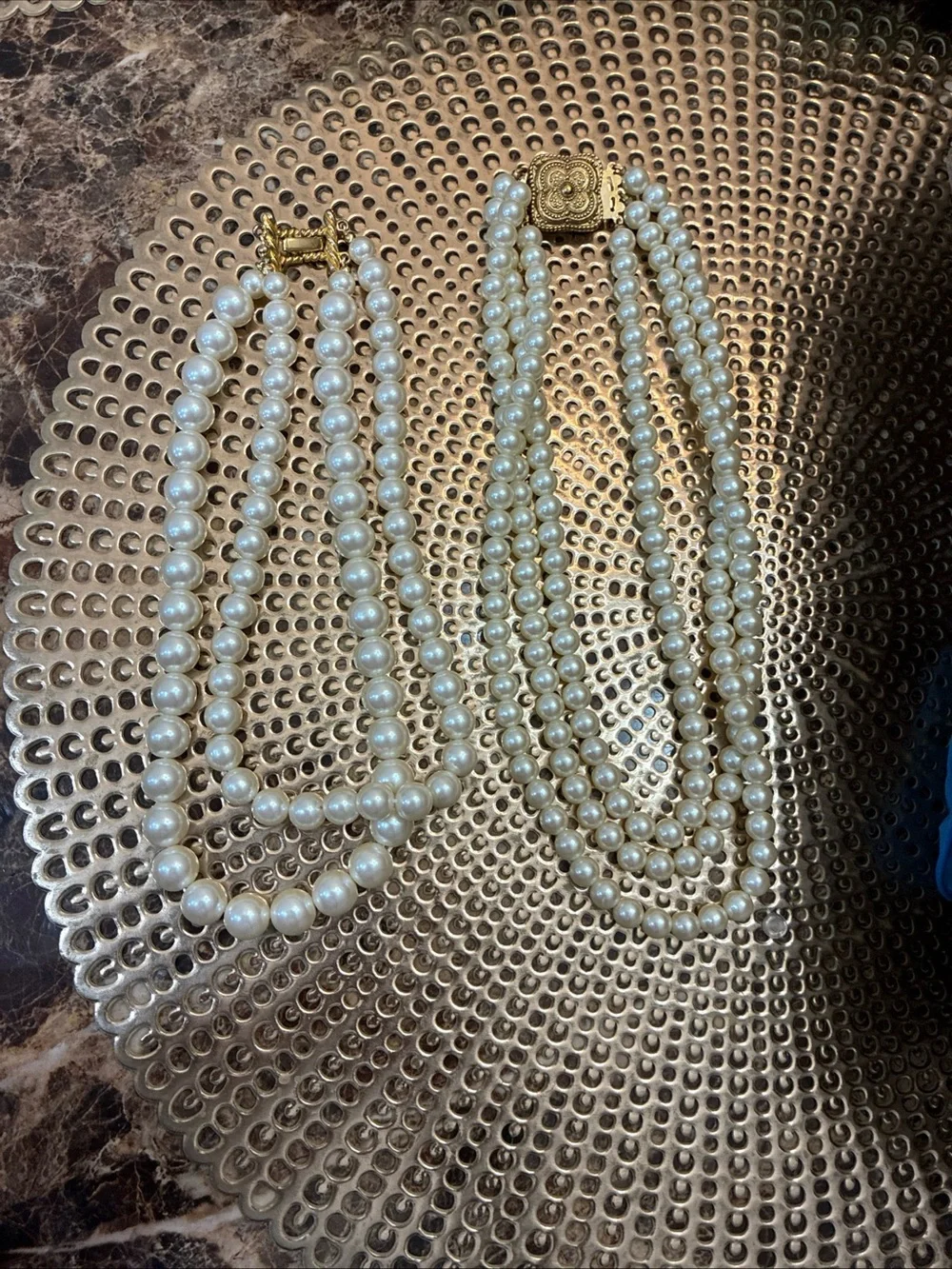 VINTAGE lot Of 2  Faux Pearl Necklace Doble & Triple Strand White Beads Goldtone